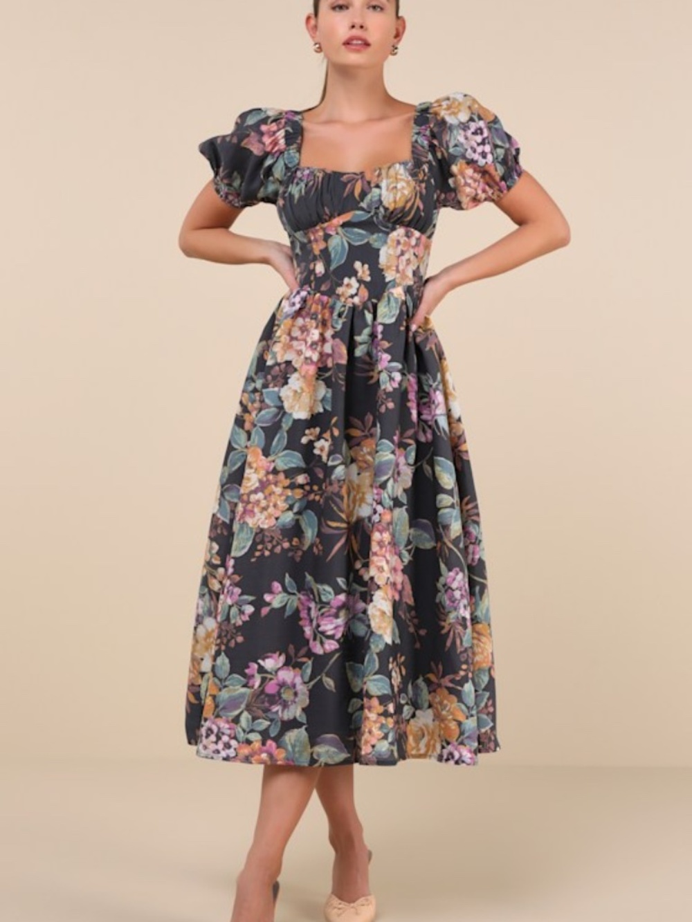 Lulus Adorable Tendencies Dark Grey Floral Puff Sleeve Midi Dress - Size M